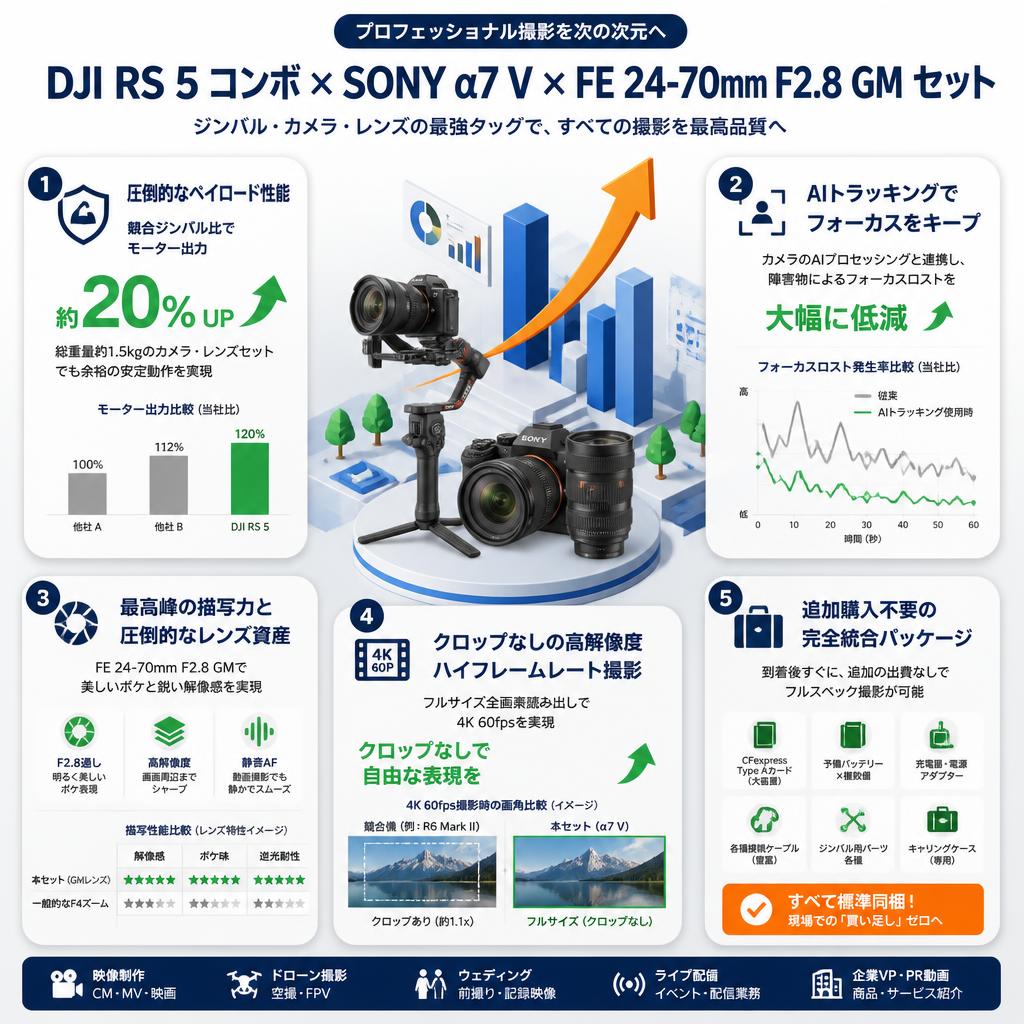 DJI RS 5 コンボ 電動3軸ジンバル HG7153 / SONY α7 V ILCE-7M5 / FE 24-70mm F2.8 GM セット セールスポイント