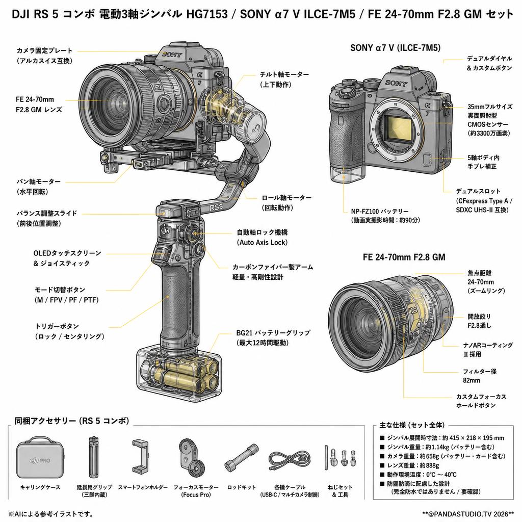 DJI RS 5 コンボ 電動3軸ジンバル HG7153 / SONY α7 V ILCE-7M5 / FE 24-70mm F2.8 GM セット スペック