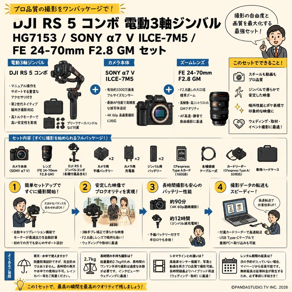 DJI RS 5 コンボ 電動3軸ジンバル HG7153 / SONY α7 V ILCE-7M5 / FE 24-70mm F2.8 GM セット FAQ（よくある質問と答え）