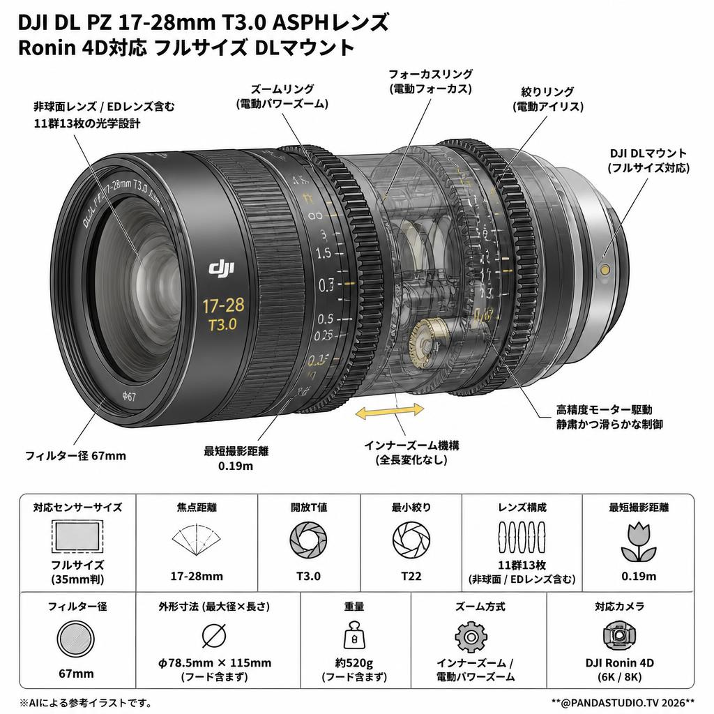 DJI DL PZ 17-28mm T3.0 ASPHレンズ Ronin 4D対応 フルサイズ DLマウント (SLF1728T3A) スペック