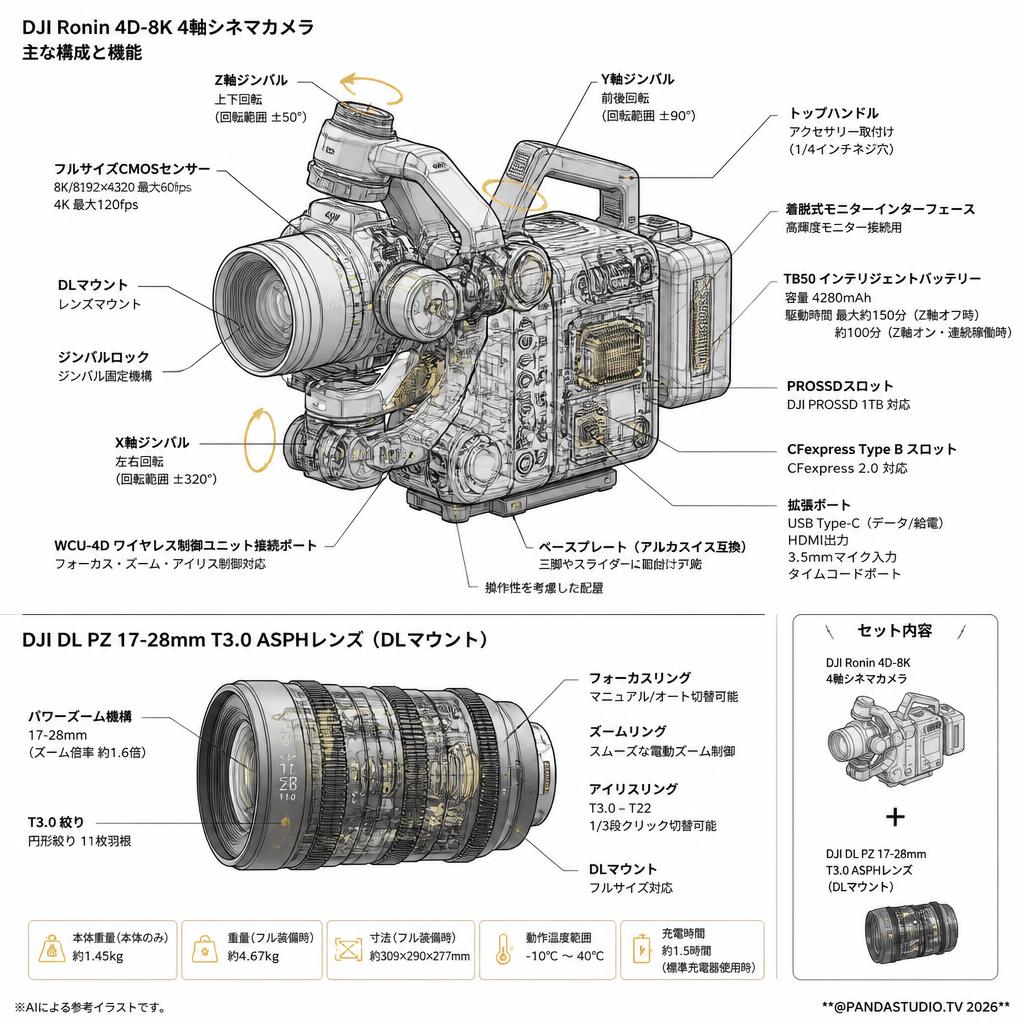 DJI Ronin 4D-8K 4軸シネマカメラ フルサイズ ジンバルカメラ / DJI DL PZ 17-28mm T3.0 ASPHレンズ Ronin 4D対応 フルサイズ DLマウント セット スペック