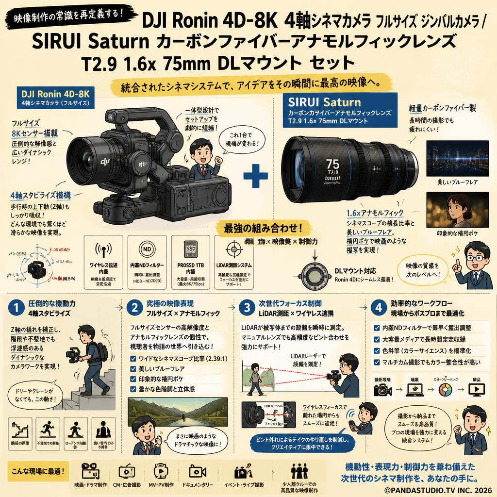 DJI Ronin 4D-8K 4軸シネマカメラ フルサイズ ジンバルカメラ / SIRUI Saturn カーボンファイバーアナモルフィックレンズ T2.9 1.6x 75mm DLマウント セット 概要