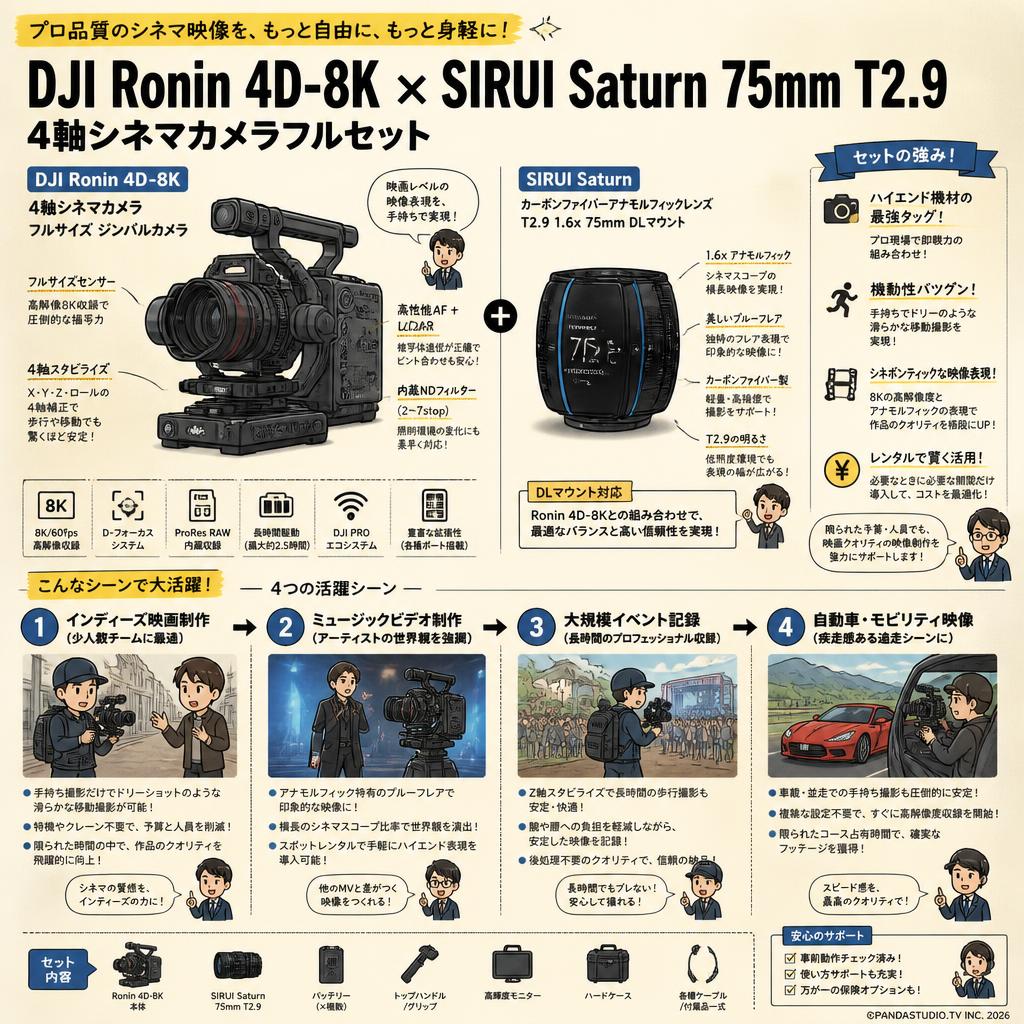 DJI Ronin 4D-8K 4軸シネマカメラ フルサイズ ジンバルカメラ / SIRUI Saturn カーボンファイバーアナモルフィックレンズ T2.9 1.6x 75mm DLマウント セット おもな対象のお客様