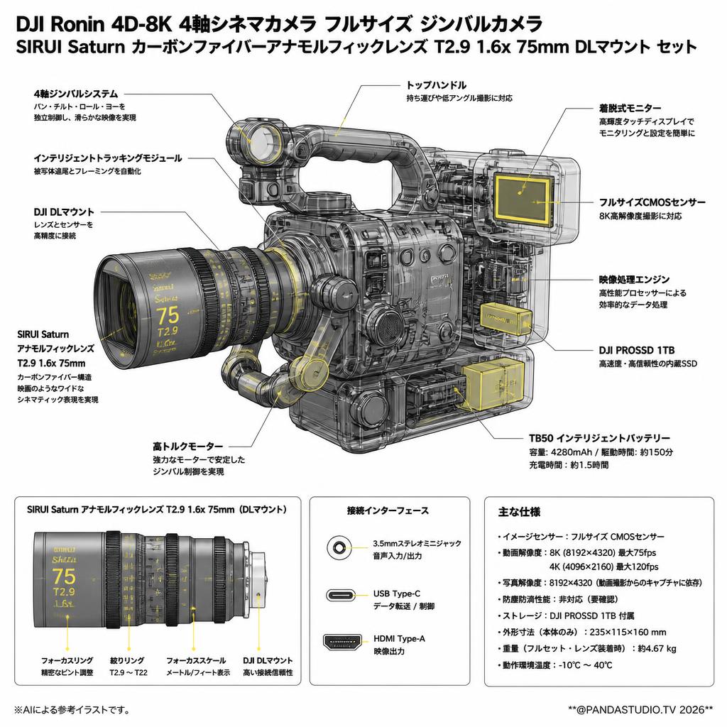 DJI Ronin 4D-8K 4軸シネマカメラ フルサイズ ジンバルカメラ / SIRUI Saturn カーボンファイバーアナモルフィックレンズ T2.9 1.6x 75mm DLマウント セット スペック