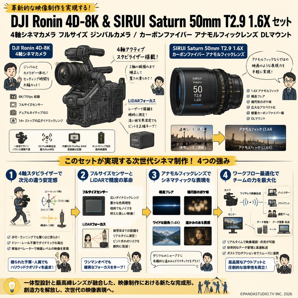 DJI Ronin 4D-8K 4軸シネマカメラ フルサイズ ジンバルカメラ / SIRUI Saturn カーボンファイバー アナモルフィックレンズ 50mm T2.9 1.6X  DLマウント セット 概要