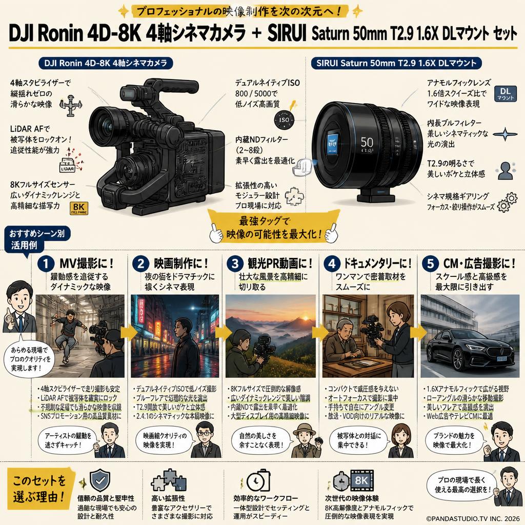 DJI Ronin 4D-8K 4軸シネマカメラ フルサイズ ジンバルカメラ / SIRUI Saturn カーボンファイバー アナモルフィックレンズ 50mm T2.9 1.6X  DLマウント セット 用途