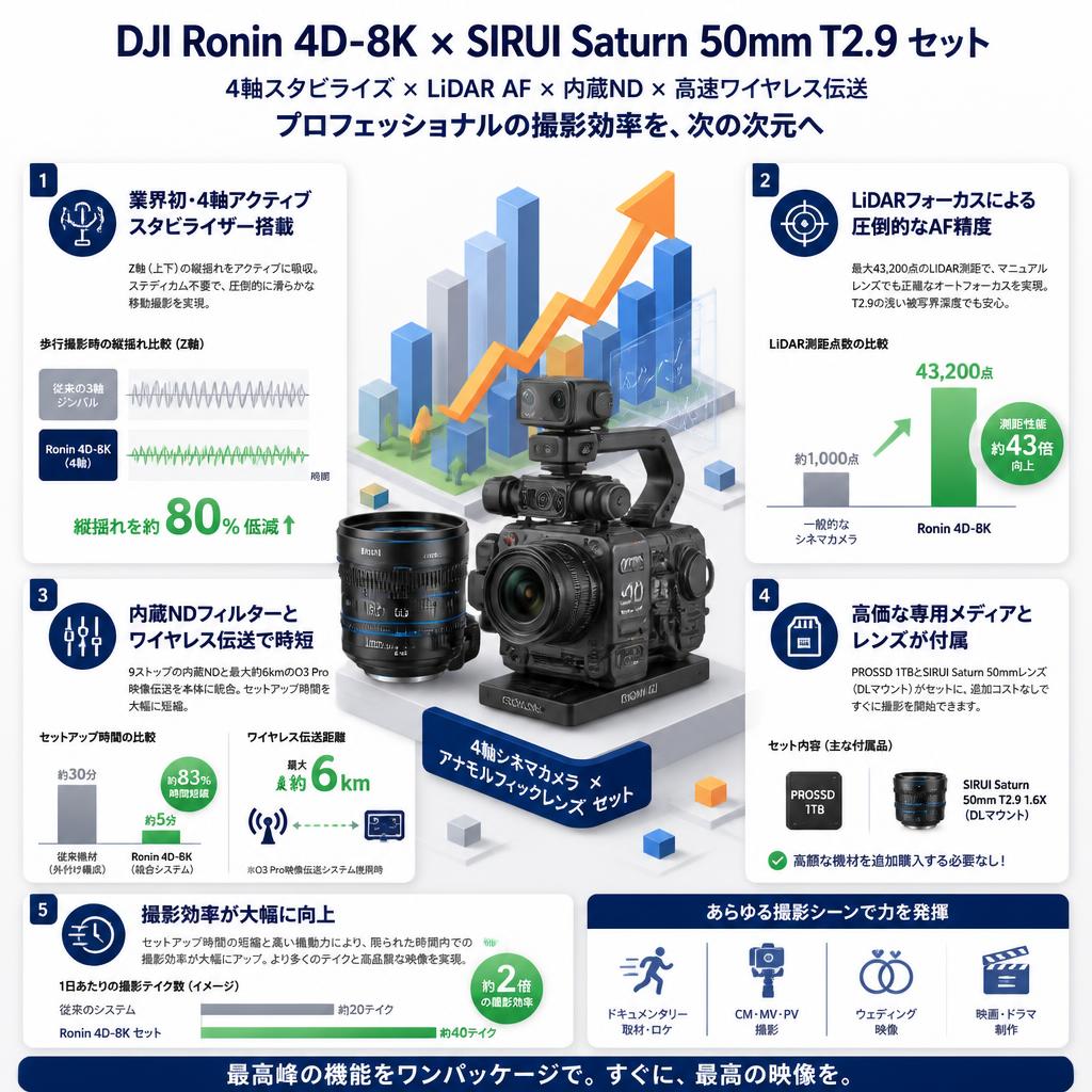 DJI Ronin 4D-8K 4軸シネマカメラ フルサイズ ジンバルカメラ / SIRUI Saturn カーボンファイバー アナモルフィックレンズ 50mm T2.9 1.6X  DLマウント セット セールスポイント