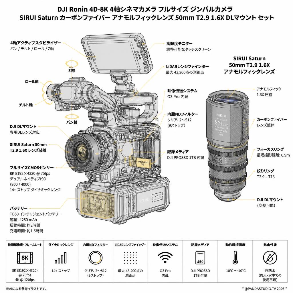 DJI Ronin 4D-8K 4軸シネマカメラ フルサイズ ジンバルカメラ / SIRUI Saturn カーボンファイバー アナモルフィックレンズ 50mm T2.9 1.6X  DLマウント セット スペック