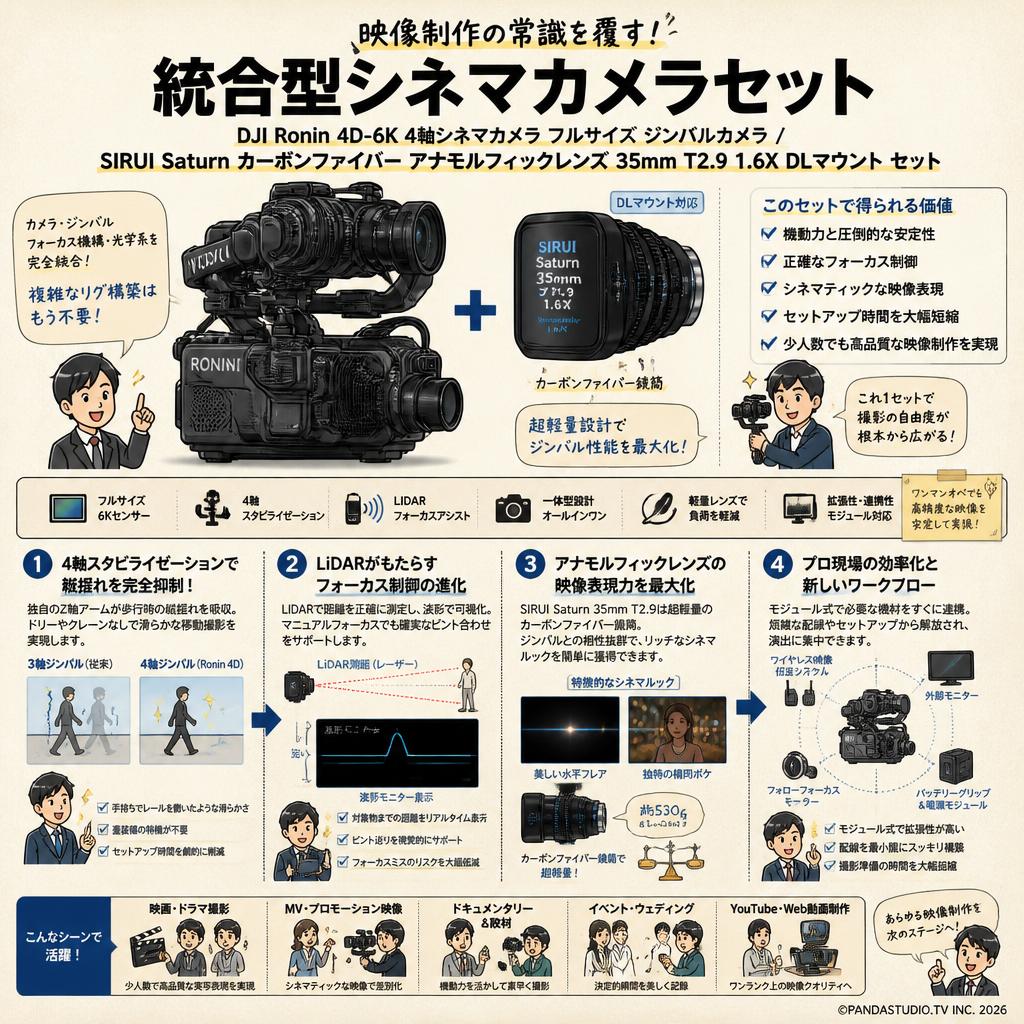 DJI Ronin 4D-6K 4軸シネマカメラ フルサイズ ジンバルカメラ / SIRUI Saturn カーボンファイバー アナモルフィックレンズ 35mm T2.9 1.6X  DLマウント セット 概要