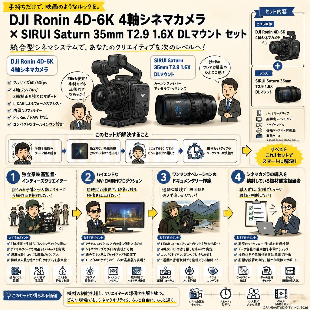 DJI Ronin 4D-6K 4軸シネマカメラ フルサイズ ジンバルカメラ / SIRUI Saturn カーボンファイバー アナモルフィックレンズ 35mm T2.9 1.6X  DLマウント セット おもな対象のお客様