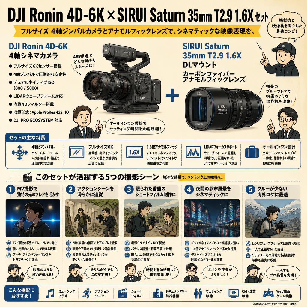 DJI Ronin 4D-6K 4軸シネマカメラ フルサイズ ジンバルカメラ / SIRUI Saturn カーボンファイバー アナモルフィックレンズ 35mm T2.9 1.6X  DLマウント セット 用途