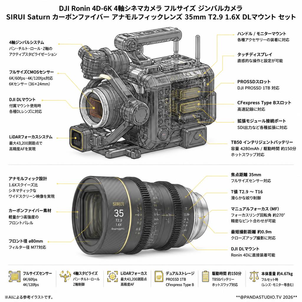 DJI Ronin 4D-6K 4軸シネマカメラ フルサイズ ジンバルカメラ / SIRUI Saturn カーボンファイバー アナモルフィックレンズ 35mm T2.9 1.6X  DLマウント セット スペック