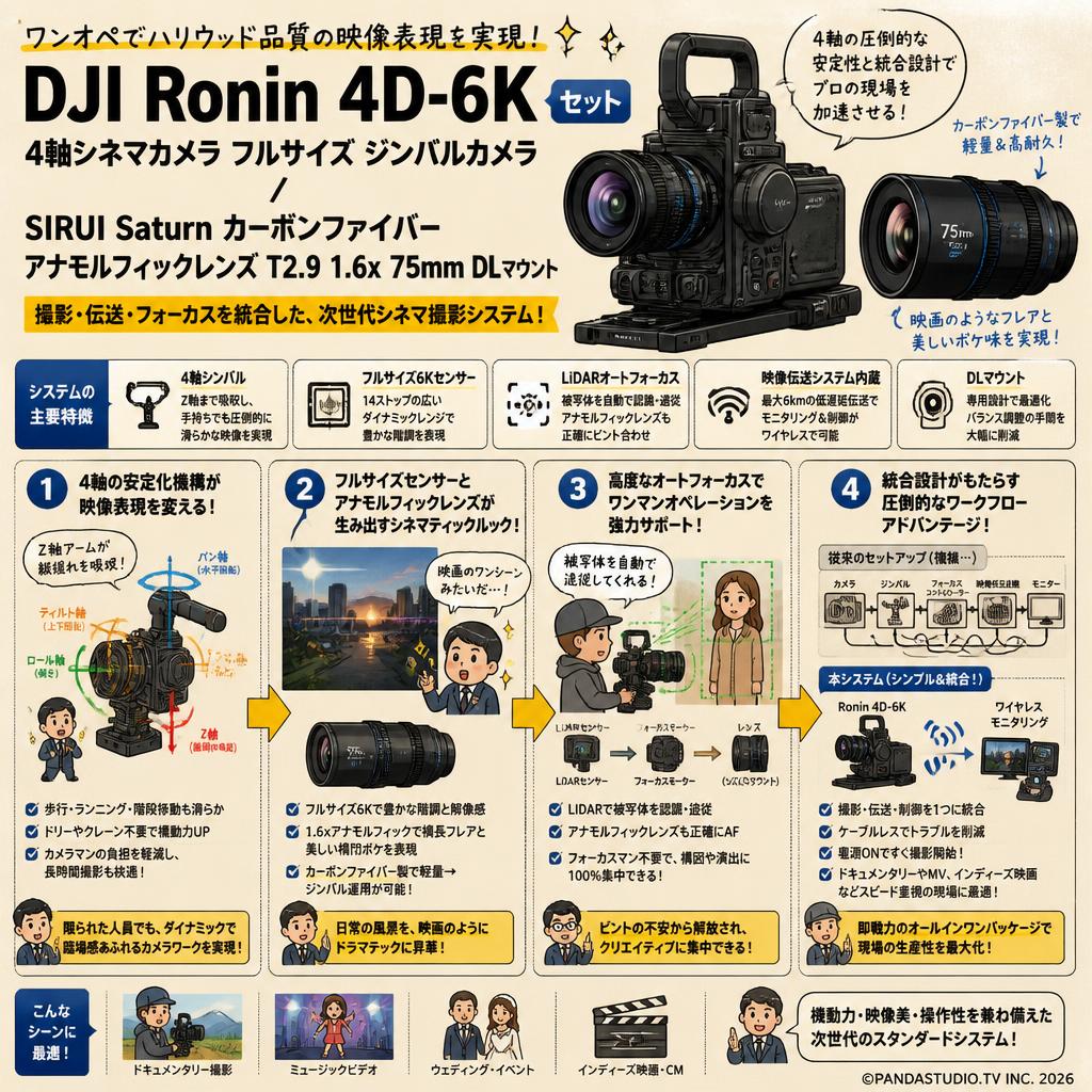 DJI Ronin 4D-6K 4軸シネマカメラ フルサイズ ジンバルカメラ / SIRUI Saturn カーボンファイバーアナモルフィックレンズ T2.9 1.6x 75mm DLマウント セット 概要