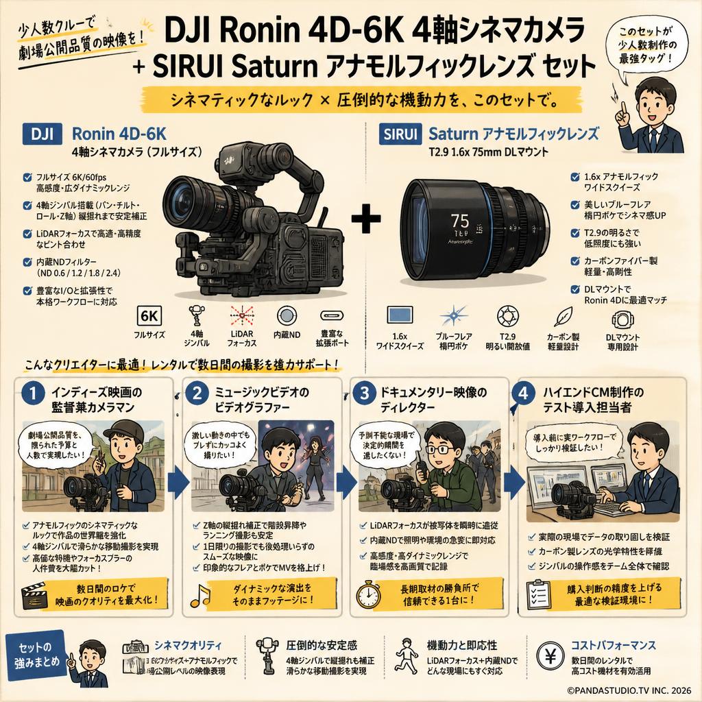 DJI Ronin 4D-6K 4軸シネマカメラ フルサイズ ジンバルカメラ / SIRUI Saturn カーボンファイバーアナモルフィックレンズ T2.9 1.6x 75mm DLマウント セット おもな対象のお客様