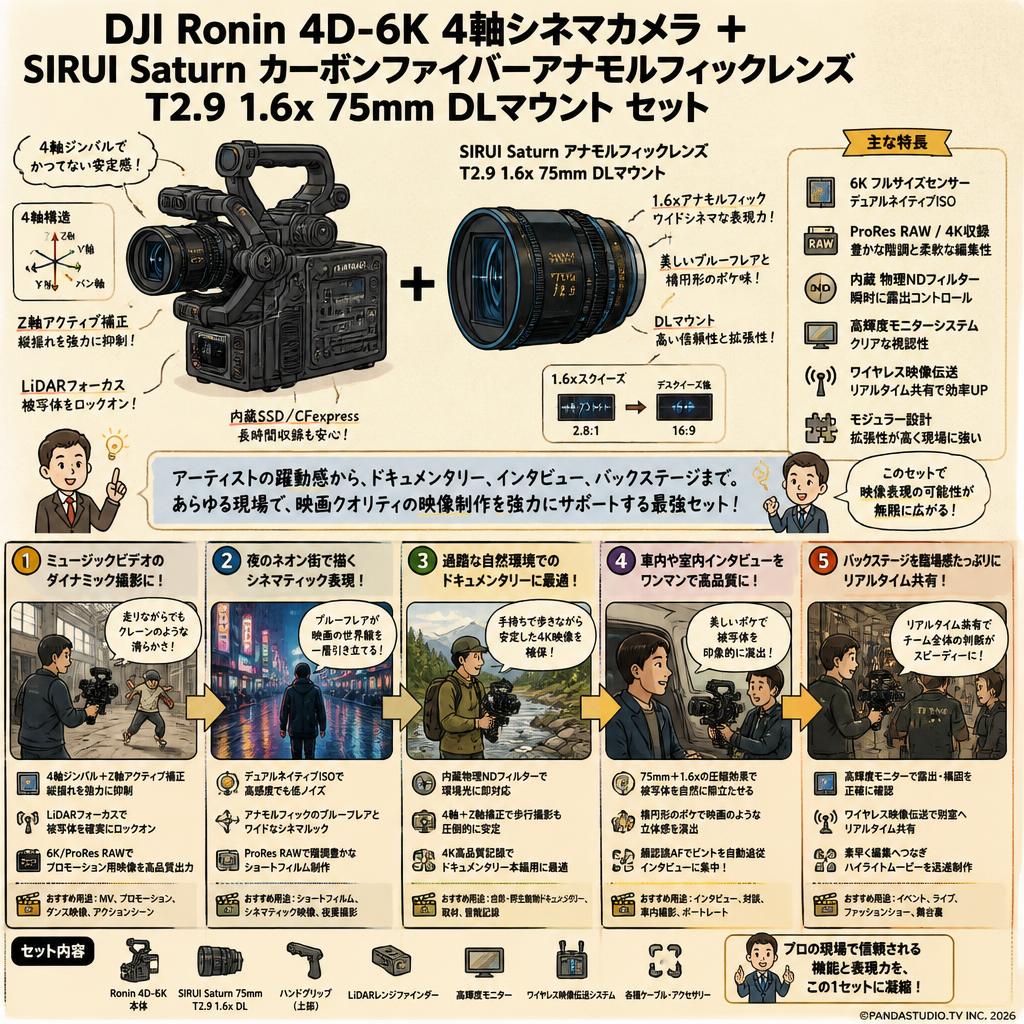 DJI Ronin 4D-6K 4軸シネマカメラ フルサイズ ジンバルカメラ / SIRUI Saturn カーボンファイバーアナモルフィックレンズ T2.9 1.6x 75mm DLマウント セット 用途