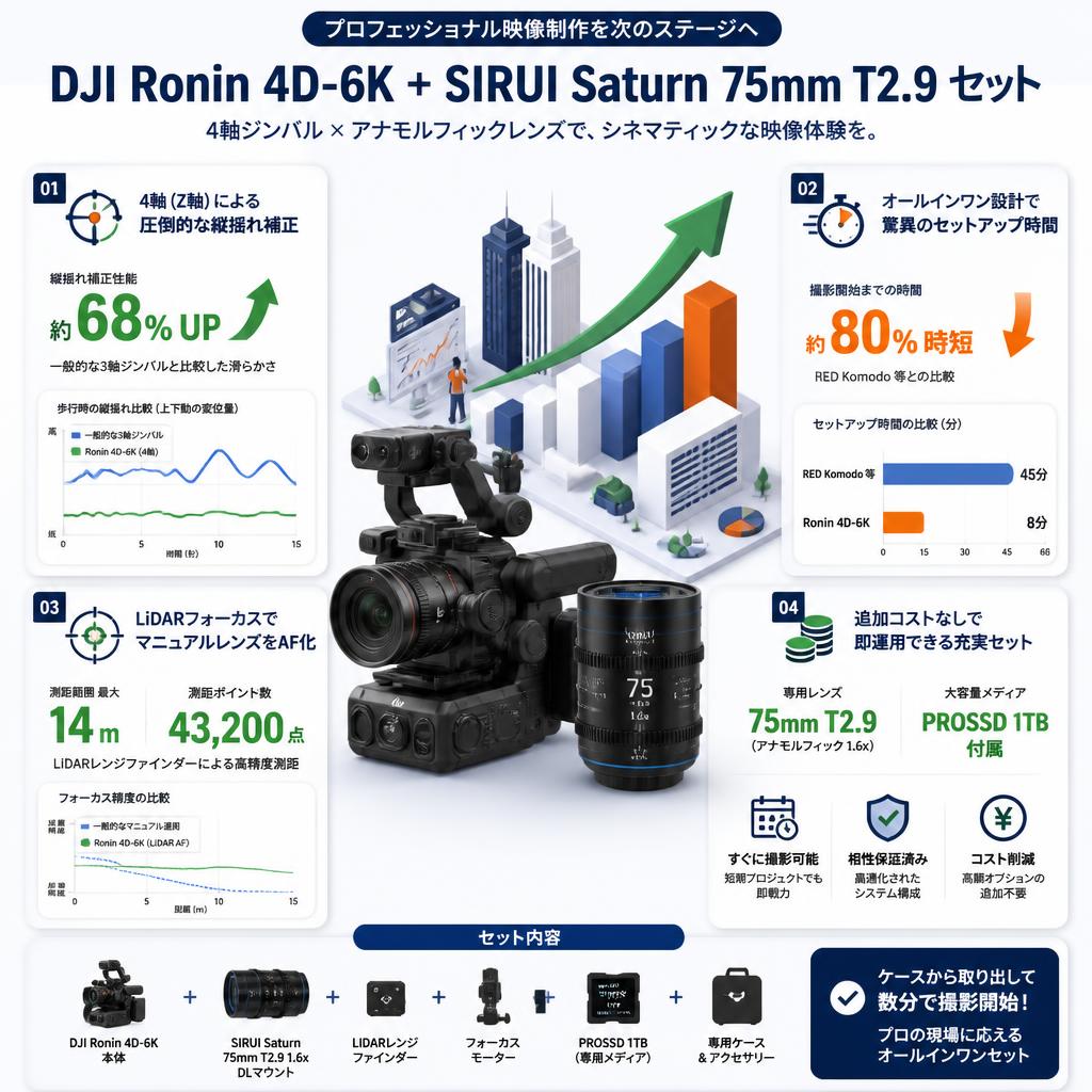 DJI Ronin 4D-6K 4軸シネマカメラ フルサイズ ジンバルカメラ / SIRUI Saturn カーボンファイバーアナモルフィックレンズ T2.9 1.6x 75mm DLマウント セット セールスポイント