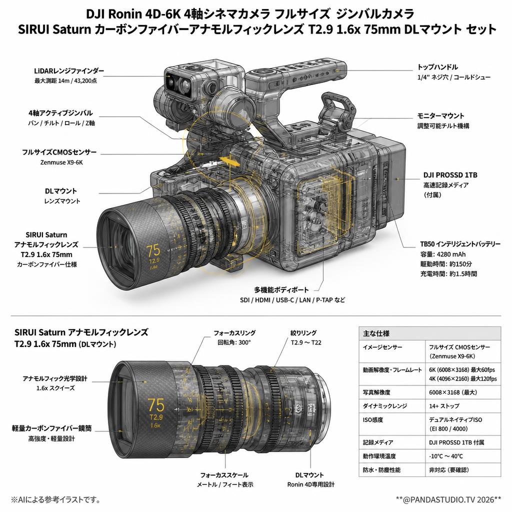 DJI Ronin 4D-6K 4軸シネマカメラ フルサイズ ジンバルカメラ / SIRUI Saturn カーボンファイバーアナモルフィックレンズ T2.9 1.6x 75mm DLマウント セット スペック