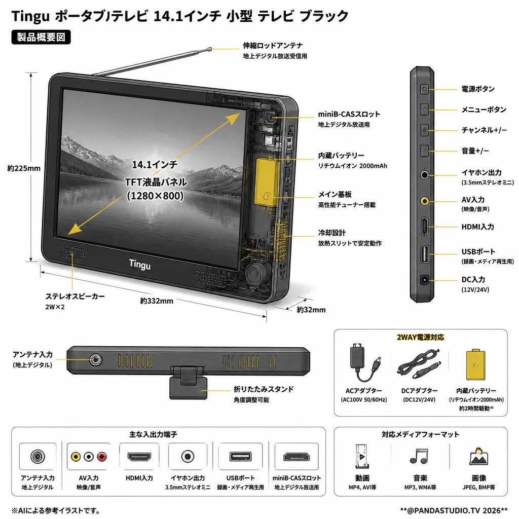 Tingu ポータブルテレビ 14.1インチ 小型 テレビ ブラック スペック