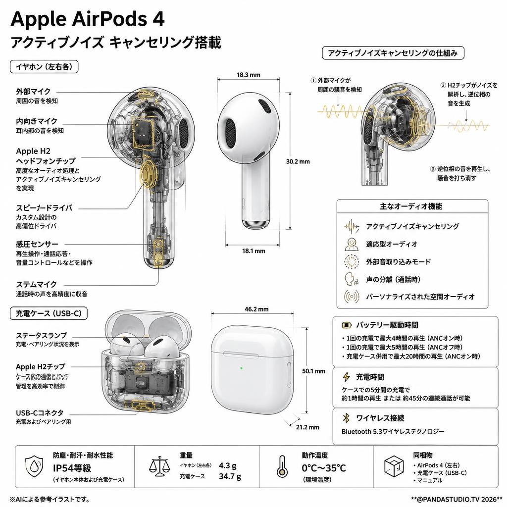 Apple AirPods 4 アクティブノイズ キャンセリング搭載 スペック