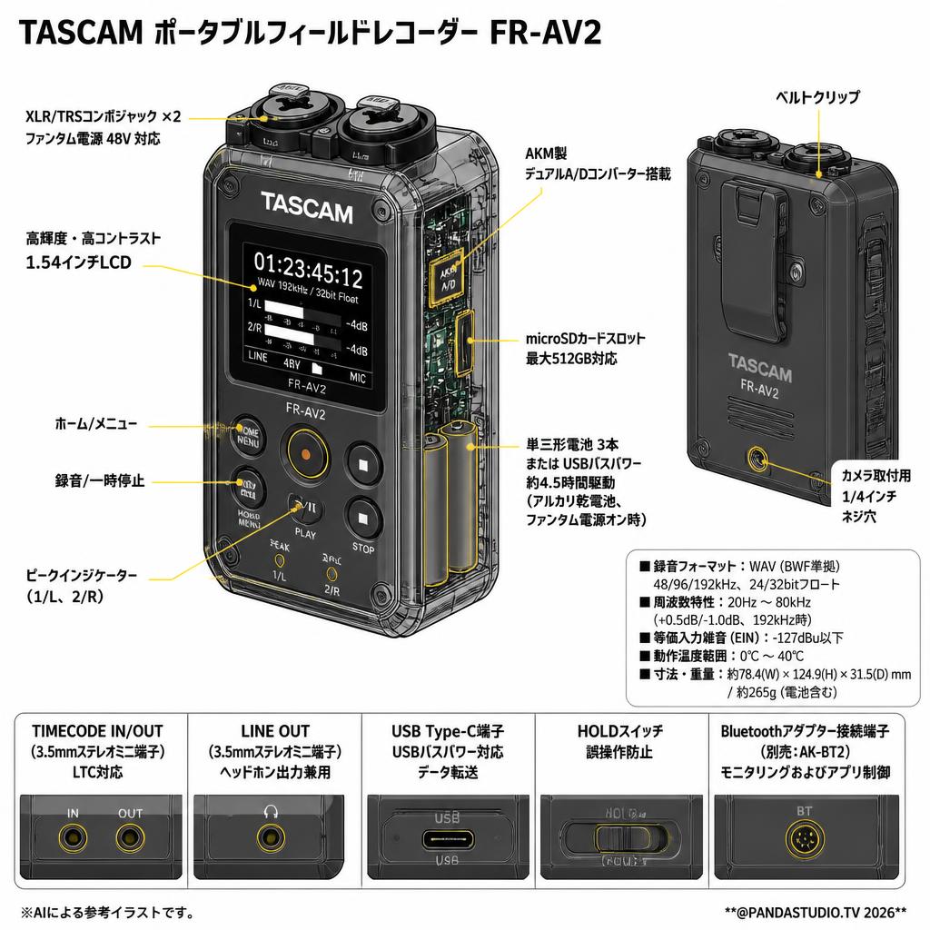 TASCAM ポータブルフィールドレコーダー FR-AV2 スペック