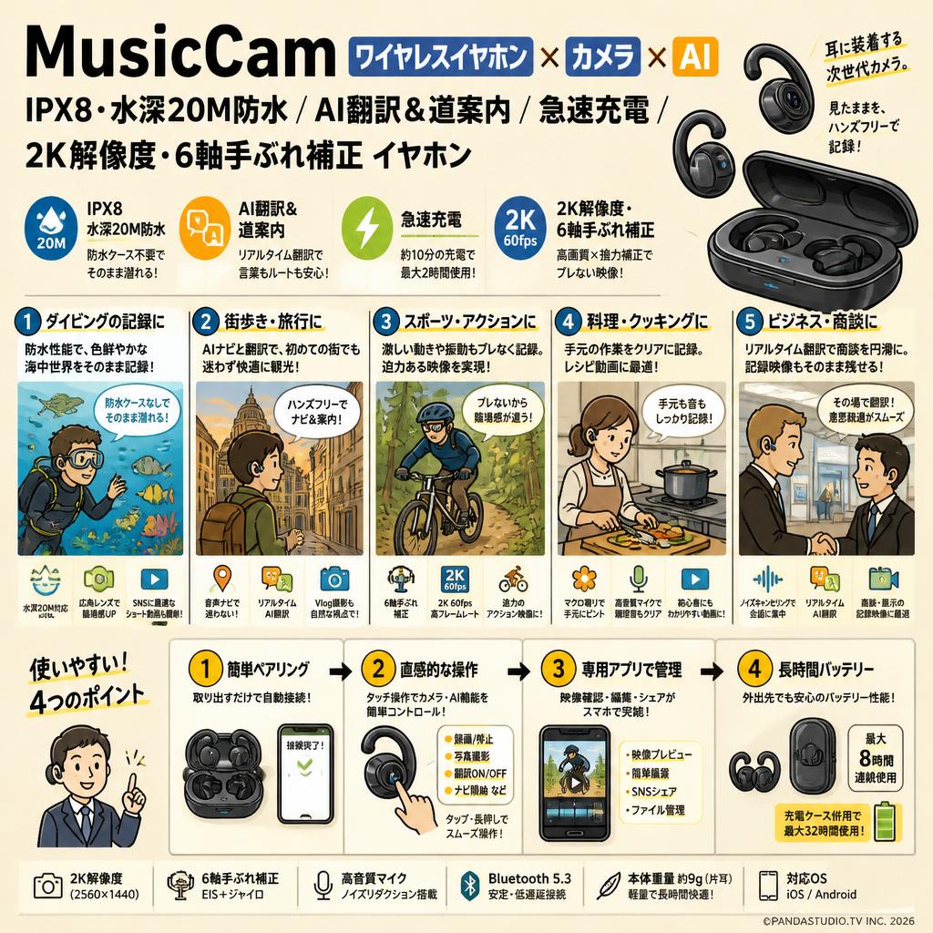 MusicCamワイヤレスイヤホン×カメラ×AI IPX8・水深20M防水 / AI翻訳＆道案内 / 急速充電 / 2K解像度・6軸手ぶれ補正 イヤホン 用途