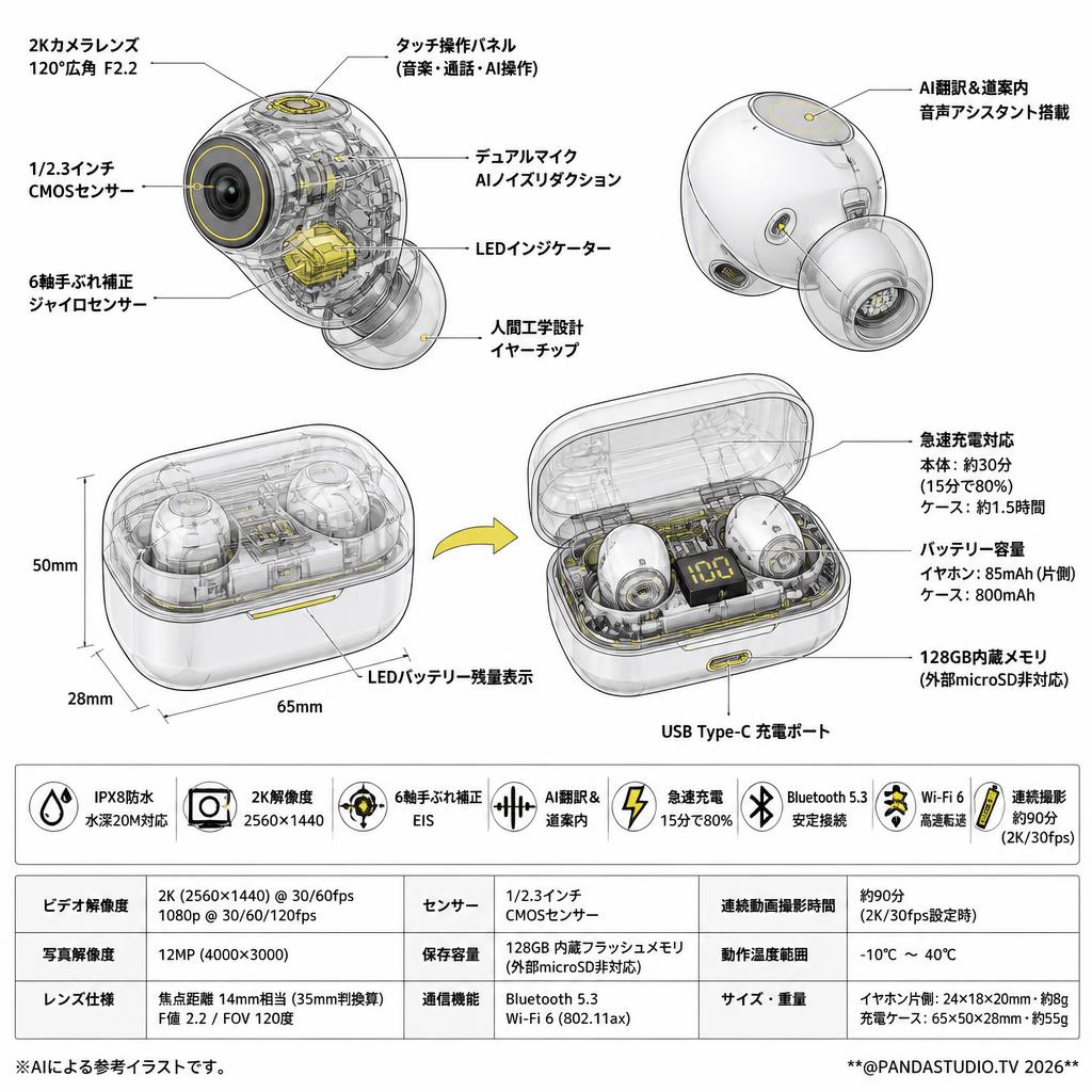 MusicCamワイヤレスイヤホン×カメラ×AI IPX8・水深20M防水 / AI翻訳＆道案内 / 急速充電 / 2K解像度・6軸手ぶれ補正 イヤホン スペック