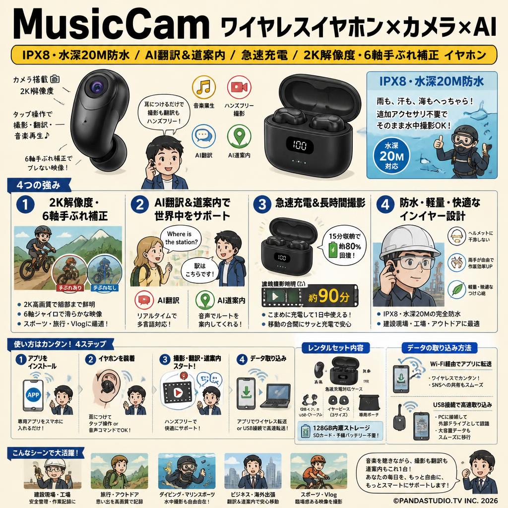 MusicCamワイヤレスイヤホン×カメラ×AI IPX8・水深20M防水 / AI翻訳＆道案内 / 急速充電 / 2K解像度・6軸手ぶれ補正 イヤホン FAQ（よくある質問と答え）