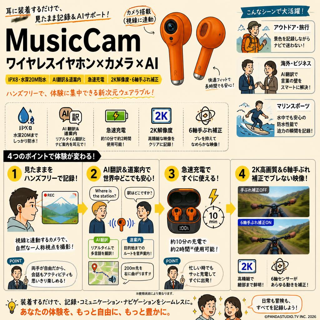 MusicCamワイヤレスイヤホン×カメラ×AI IPX8・水深20M防水 / AI翻訳＆道案内 / 急速充電 / 2K解像度・6軸手ぶれ補正 イヤホン オレンジ色 概要