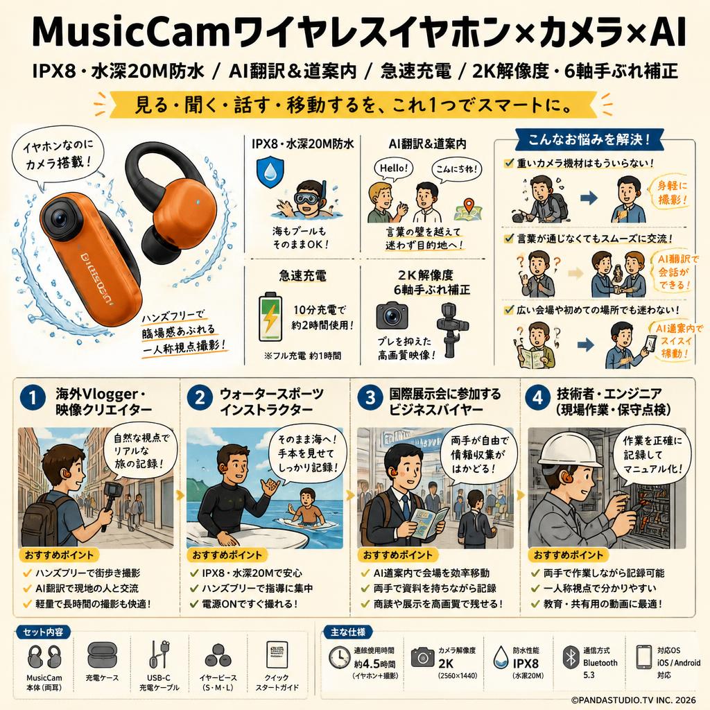 MusicCamワイヤレスイヤホン×カメラ×AI IPX8・水深20M防水 / AI翻訳＆道案内 / 急速充電 / 2K解像度・6軸手ぶれ補正 イヤホン オレンジ色 おもな対象のお客様