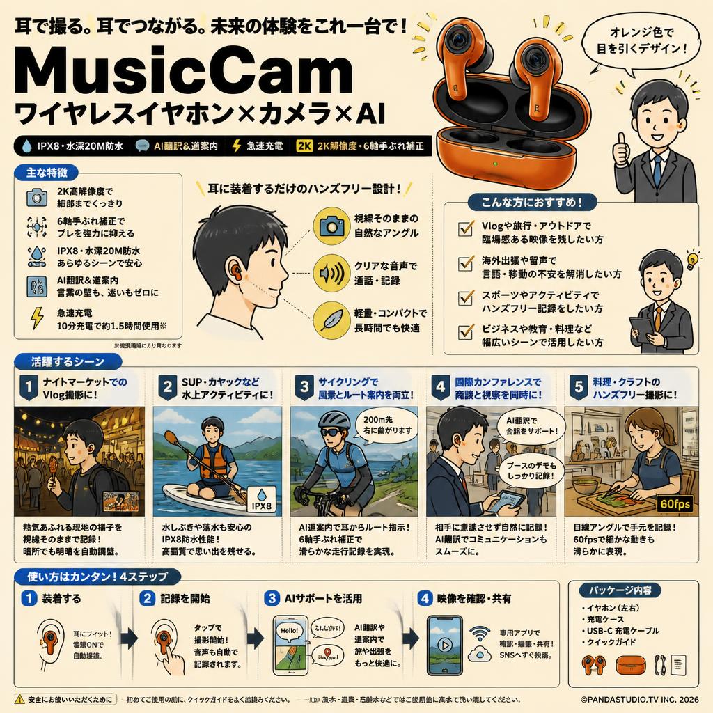 MusicCamワイヤレスイヤホン×カメラ×AI IPX8・水深20M防水 / AI翻訳＆道案内 / 急速充電 / 2K解像度・6軸手ぶれ補正 イヤホン オレンジ色 用途