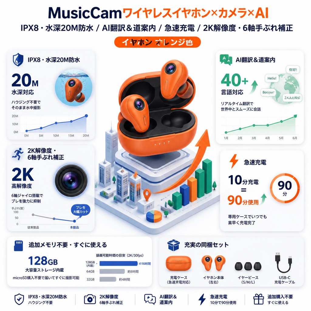 MusicCamワイヤレスイヤホン×カメラ×AI IPX8・水深20M防水 / AI翻訳＆道案内 / 急速充電 / 2K解像度・6軸手ぶれ補正 イヤホン オレンジ色 セールスポイント