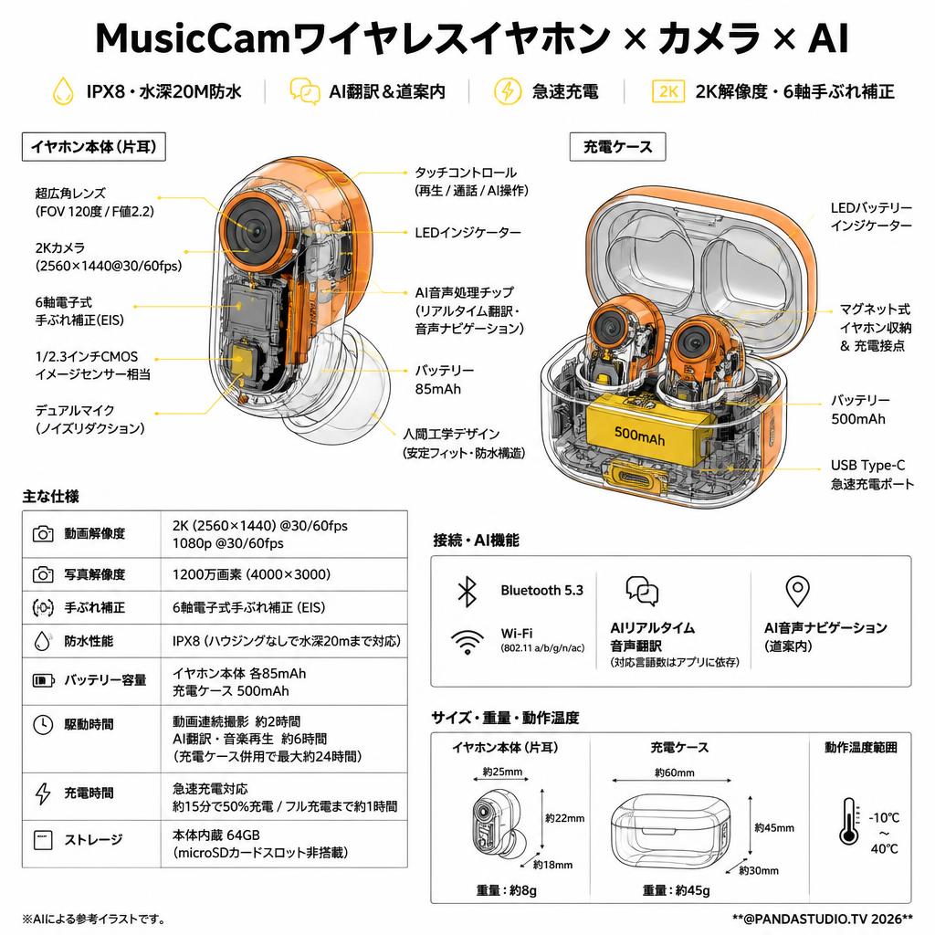MusicCamワイヤレスイヤホン×カメラ×AI IPX8・水深20M防水 / AI翻訳＆道案内 / 急速充電 / 2K解像度・6軸手ぶれ補正 イヤホン オレンジ色 スペック