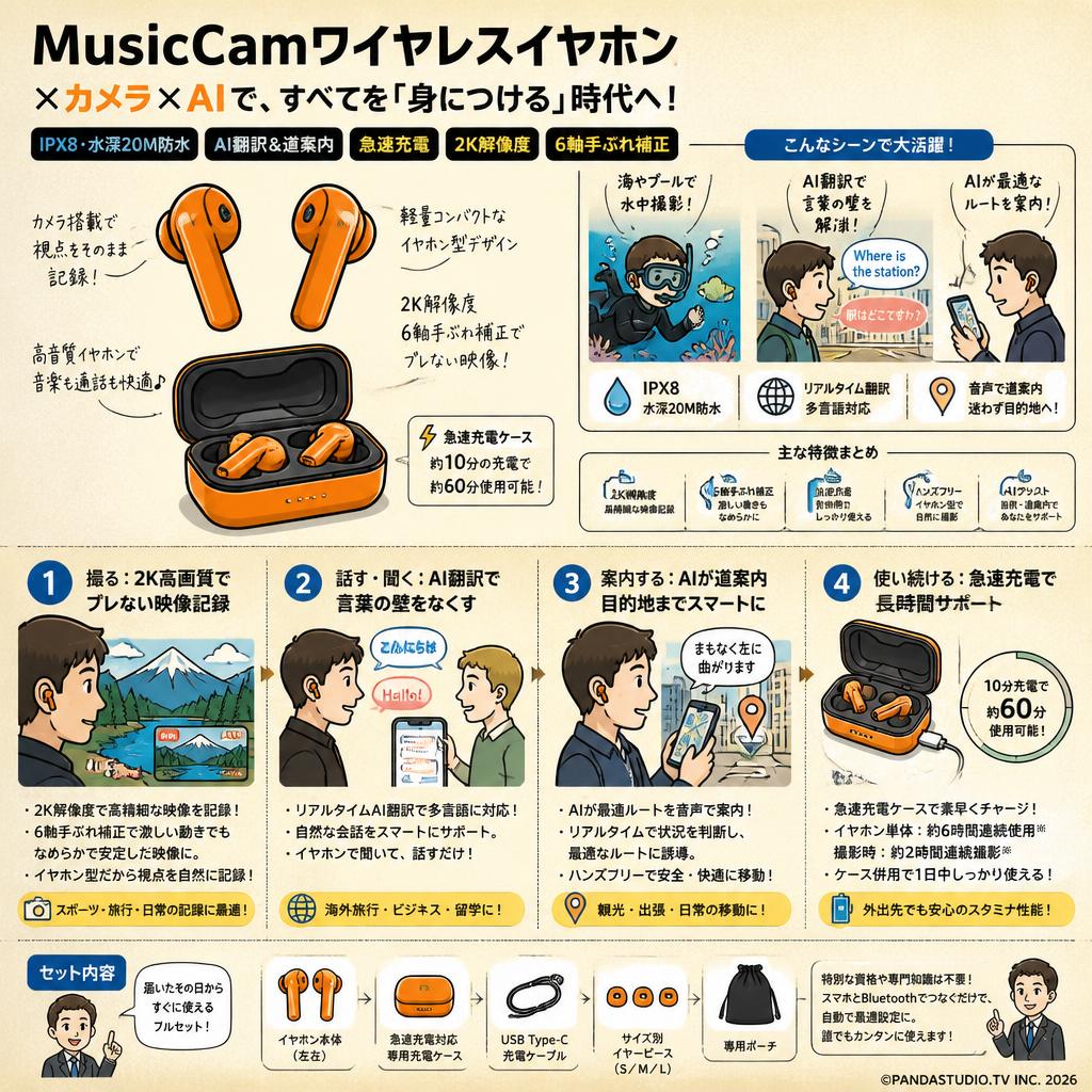 MusicCamワイヤレスイヤホン×カメラ×AI IPX8・水深20M防水 / AI翻訳＆道案内 / 急速充電 / 2K解像度・6軸手ぶれ補正 イヤホン オレンジ色 FAQ（よくある質問と答え）