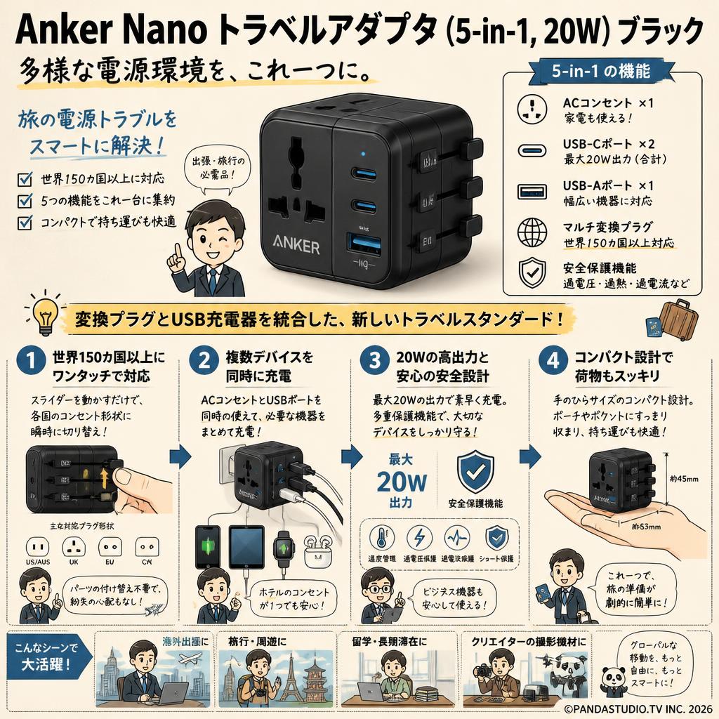 Anker Nano トラベルアダプタ (5-in-1, 20W) ブラック 概要