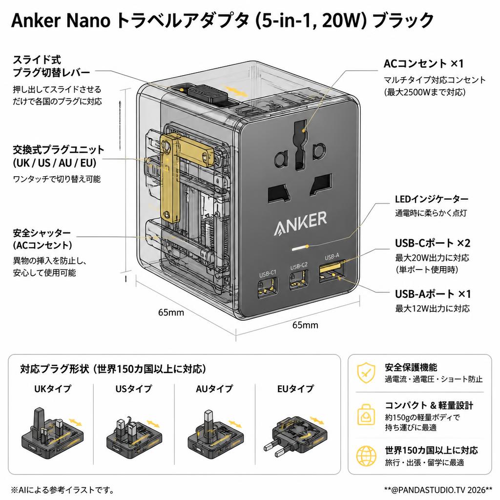 Anker Nano トラベルアダプタ (5-in-1, 20W) ブラック スペック