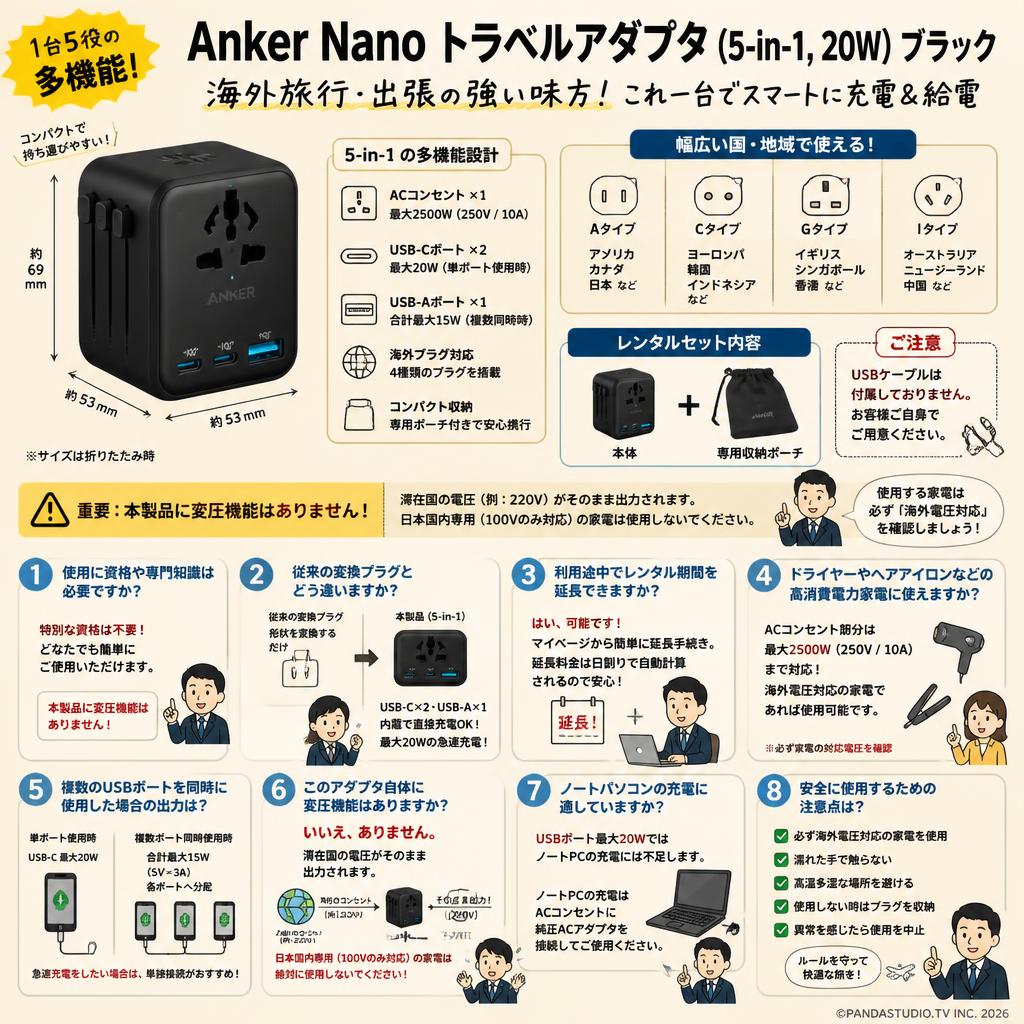 Anker Nano トラベルアダプタ (5-in-1, 20W) ブラック FAQ（よくある質問と答え）