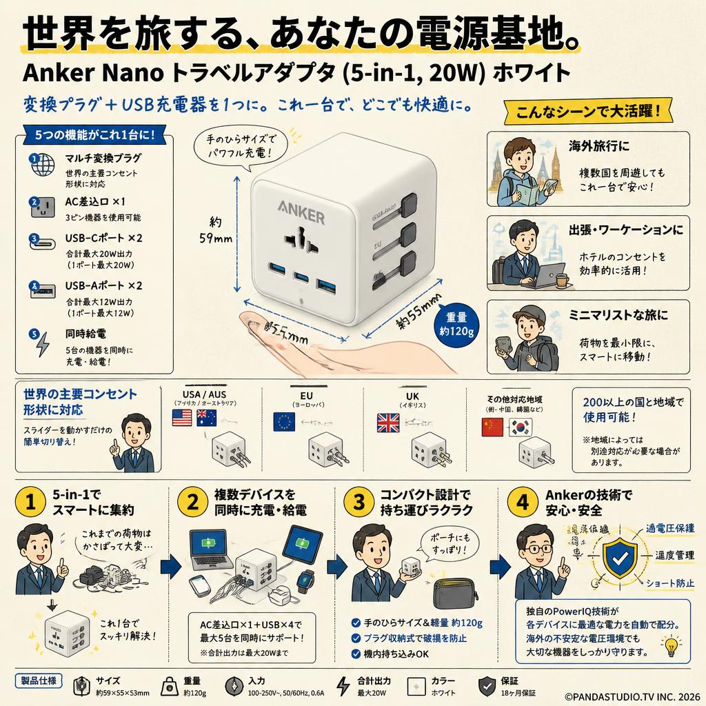 Anker Nano トラベルアダプタ (5-in-1, 20W) ホワイト 概要