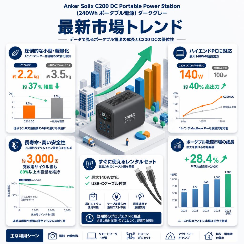 Anker Solix C200 DC Portable Power Station (240Wh ポータブル電源 )  ダークグレー セールスポイント