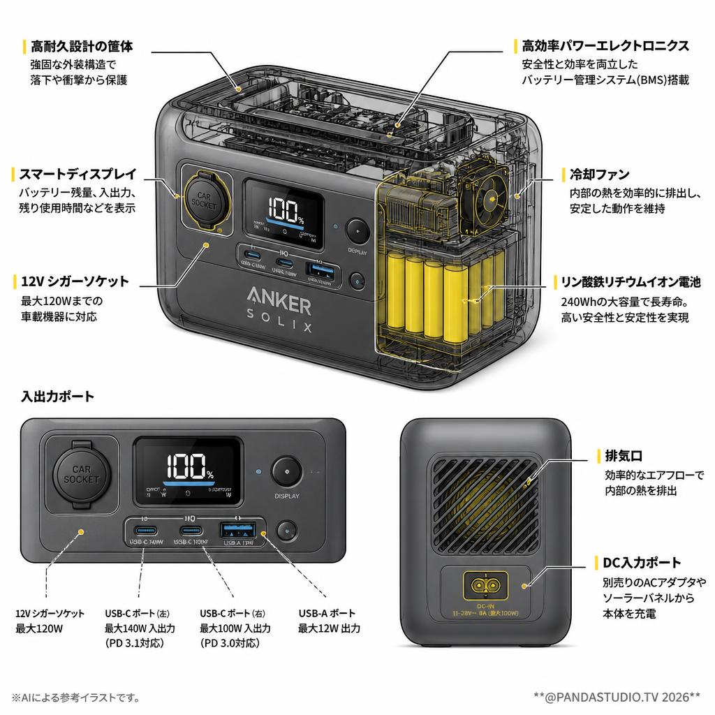 Anker Solix C200 DC Portable Power Station (240Wh ポータブル電源 )  ダークグレー スペック