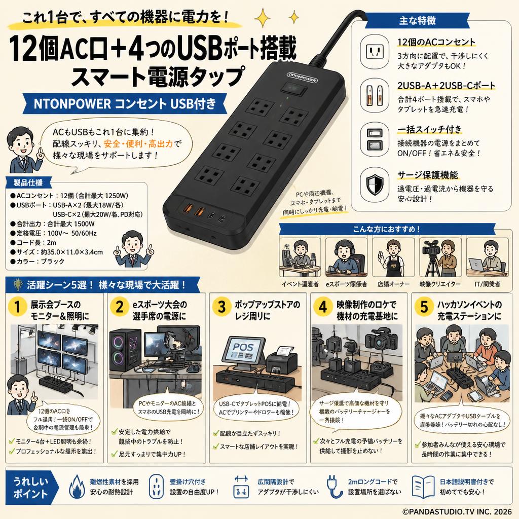 NTONPOWER コンセント USB付き 12個AC口 2USB-Aと2USB-Cポートブラック 用途