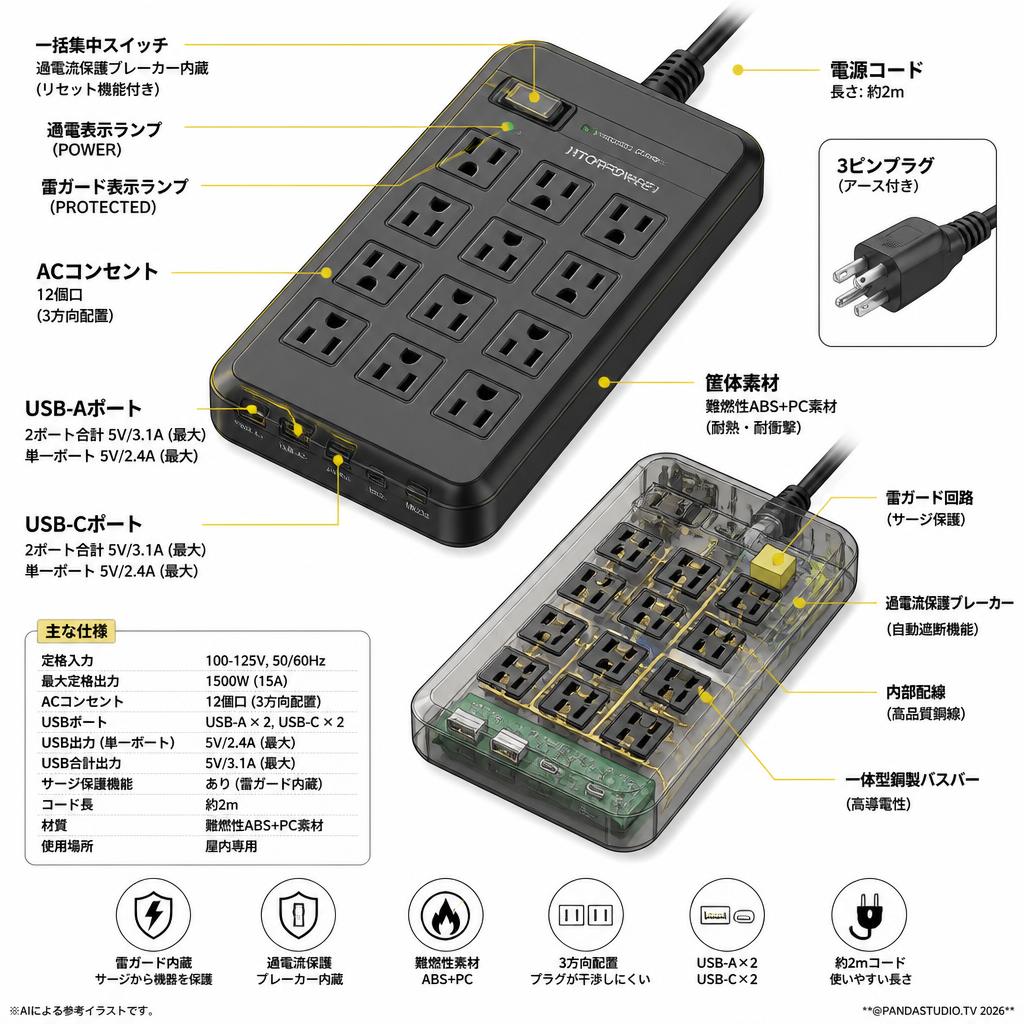 NTONPOWER コンセント USB付き 12個AC口 2USB-Aと2USB-Cポートブラック スペック