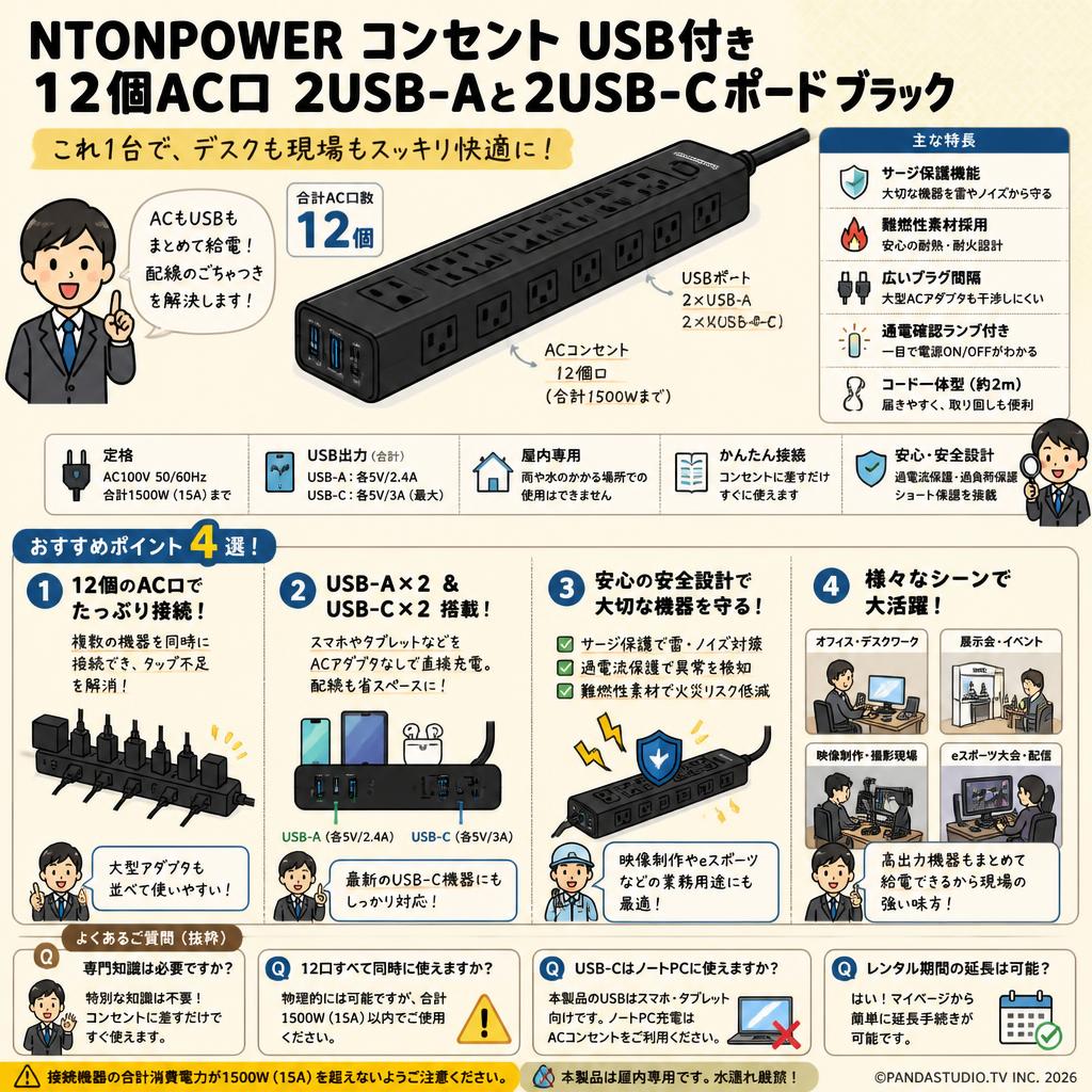 NTONPOWER コンセント USB付き 12個AC口 2USB-Aと2USB-Cポートブラック FAQ（よくある質問と答え）