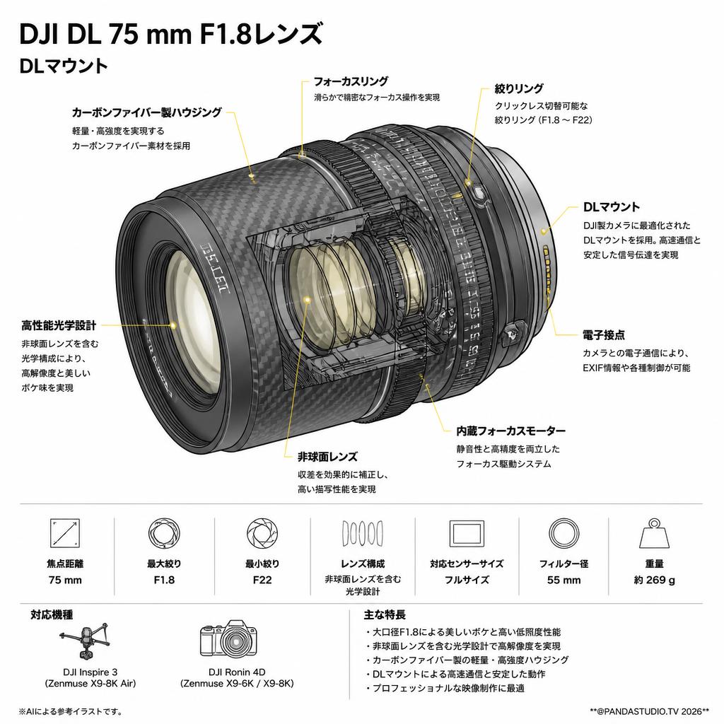 DJI DL 75 mm F1.8レンズ DLマウント スペック