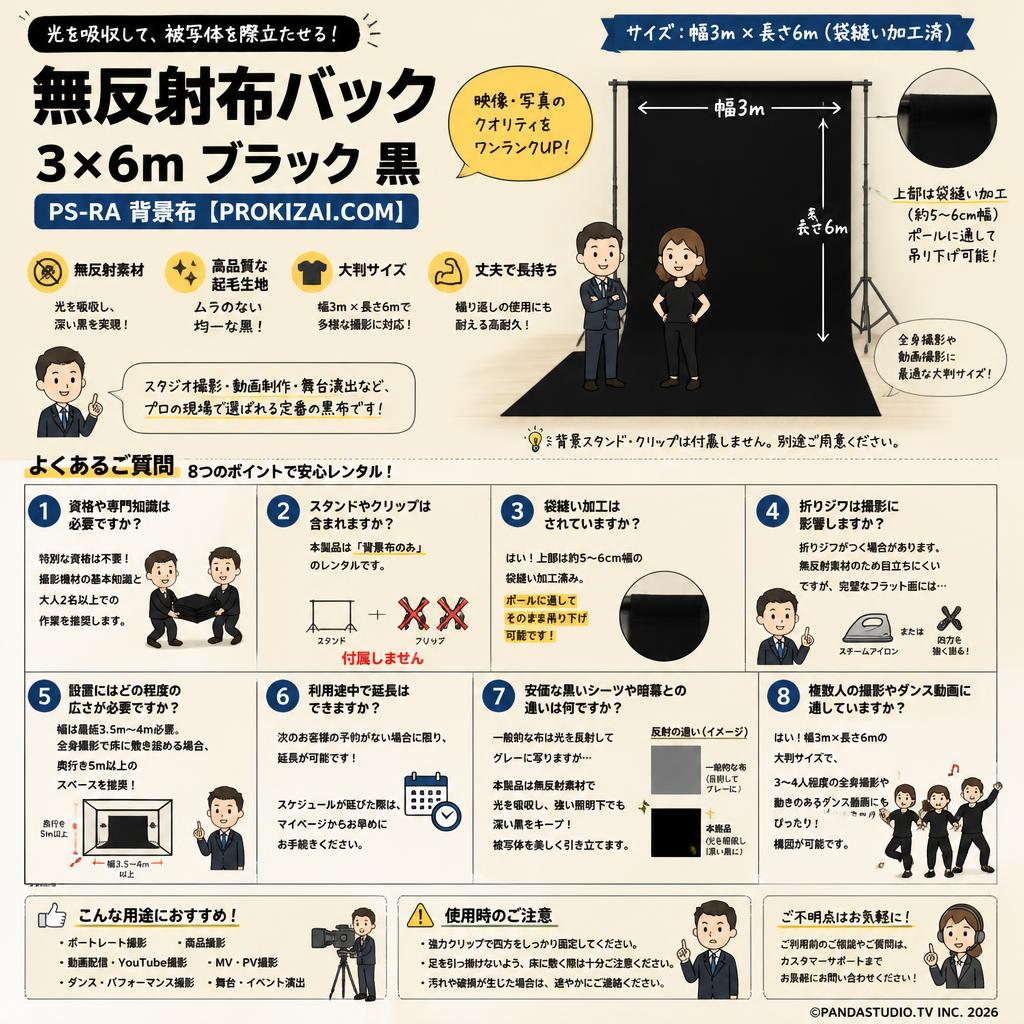 無反射布バック3×6mブラック 黒 PS-RA  背景布【PROKIZAI.COM】 FAQ（よくある質問と答え）