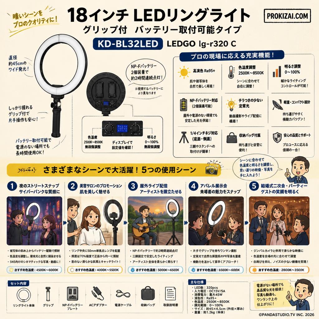 18インチLEDリングライト　グリップ付　バッテリー取付可能タイプ KD-BL32LED　LEDGO lg-r320 C【PROKIZAI.COM】 用途