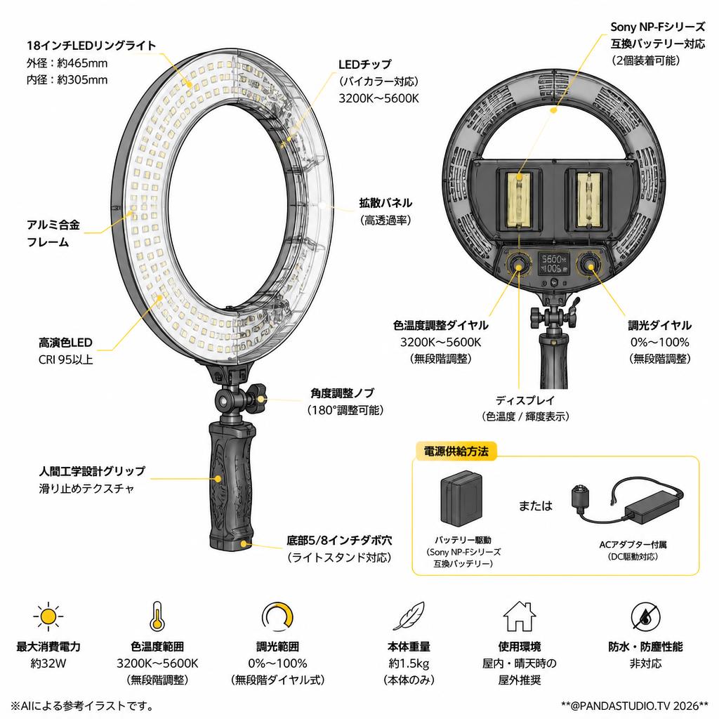 18インチLEDリングライト　グリップ付　バッテリー取付可能タイプ KD-BL32LED　LEDGO lg-r320 C【PROKIZAI.COM】 スペック