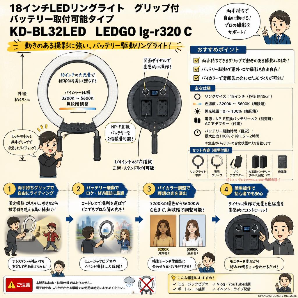 18インチLEDリングライト　グリップ付　バッテリー取付可能タイプ KD-BL32LED　LEDGO lg-r320 C【PROKIZAI.COM】 FAQ（よくある質問と答え）
