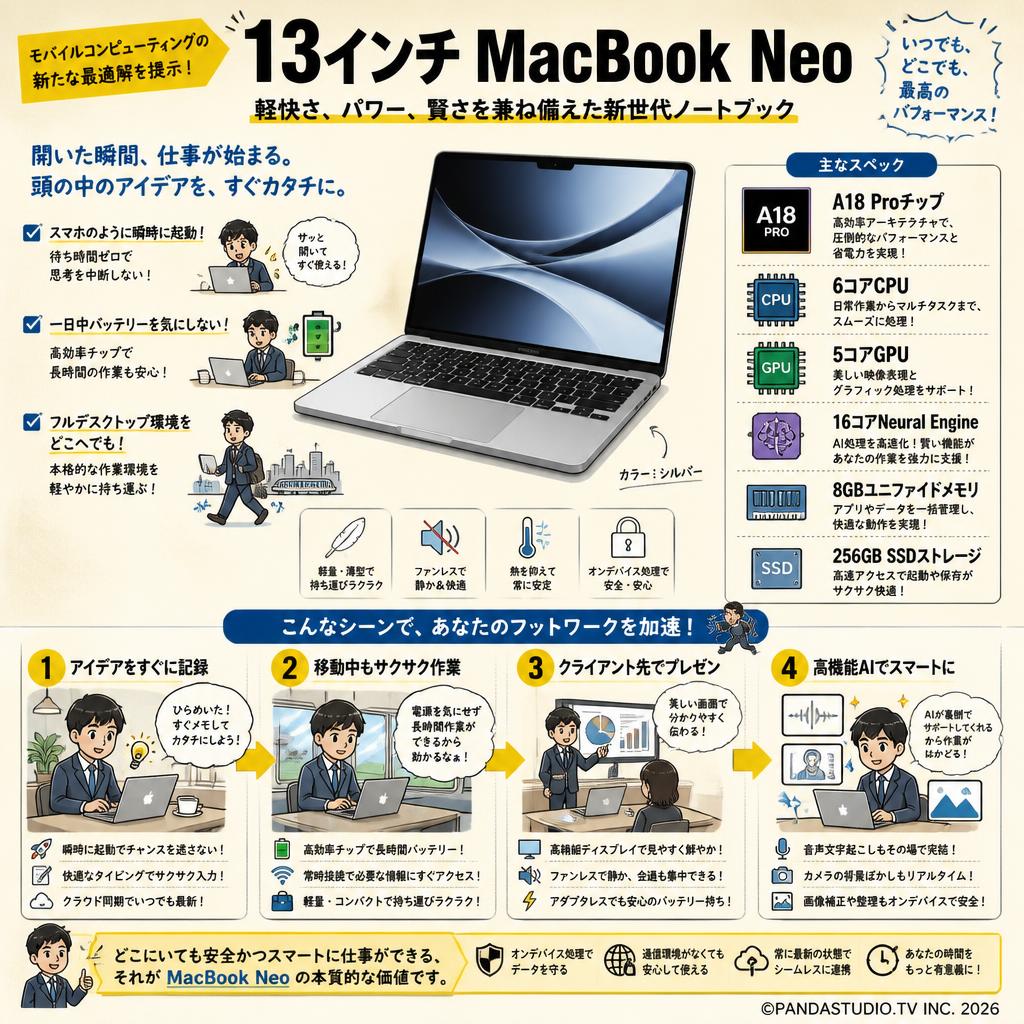 13インチ MacBook Neo A18 Proチップ / 6コアCPU / 5コアGPU / 16コアNeural Engine / 8GBユニファイドメモリ / 256GB SSDストレージ シルバー 概要