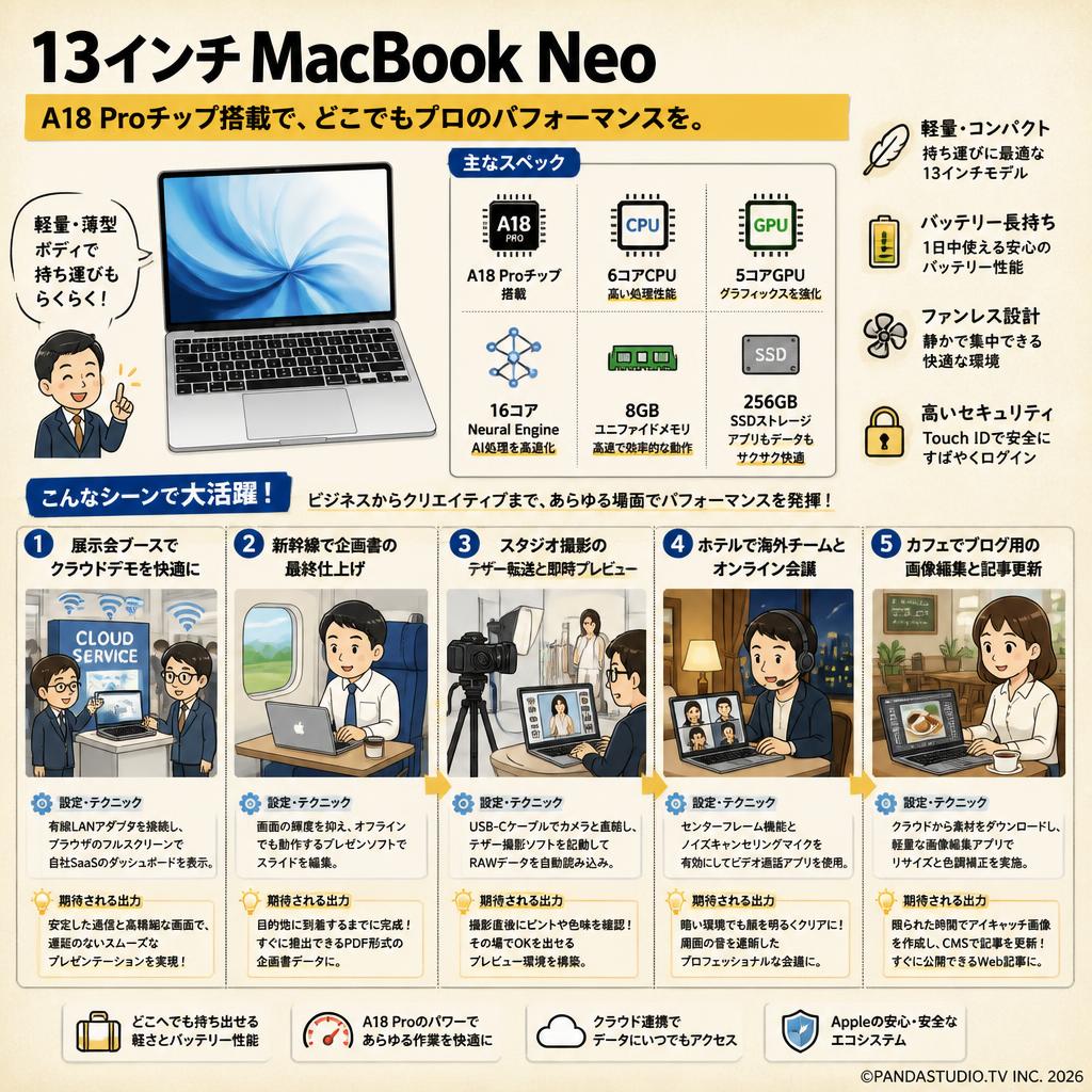 13インチ MacBook Neo A18 Proチップ / 6コアCPU / 5コアGPU / 16コアNeural Engine / 8GBユニファイドメモリ / 256GB SSDストレージ シルバー 用途