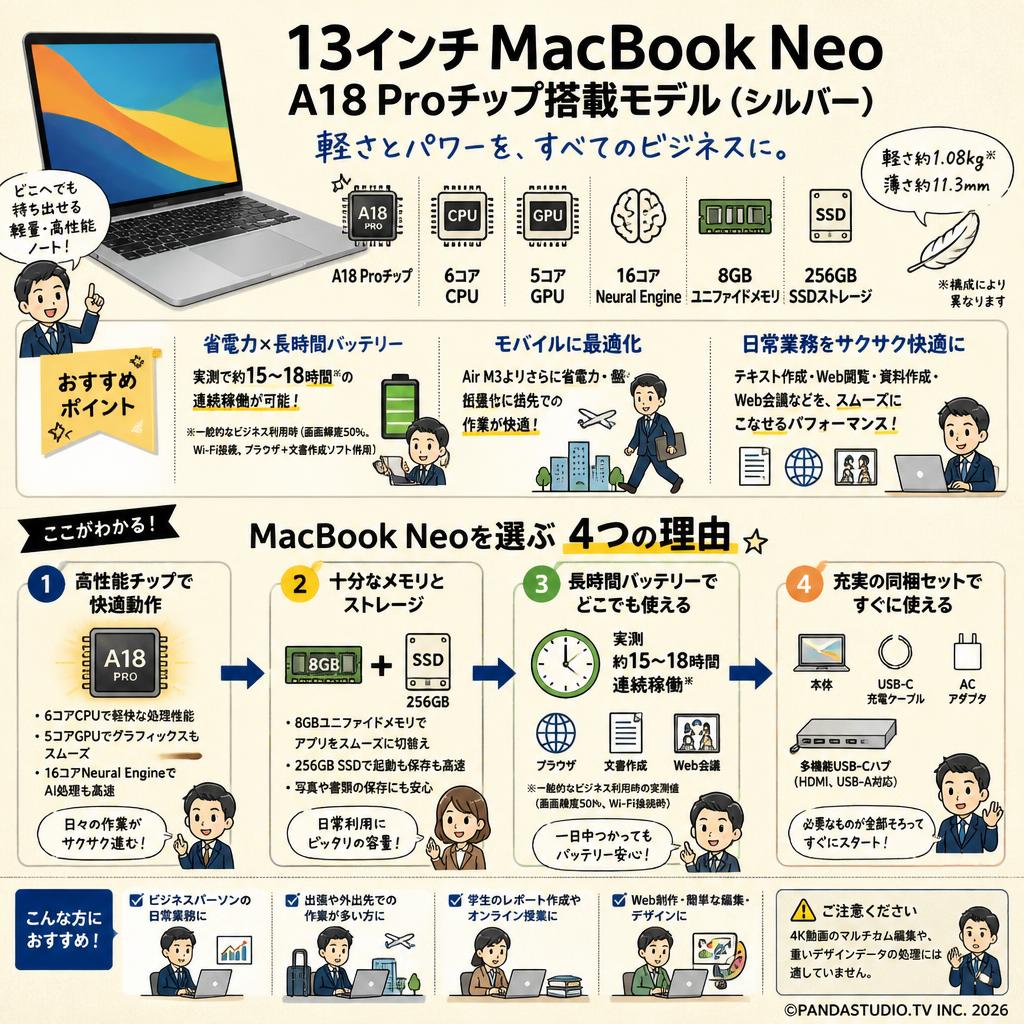 13インチ MacBook Neo A18 Proチップ / 6コアCPU / 5コアGPU / 16コアNeural Engine / 8GBユニファイドメモリ / 256GB SSDストレージ シルバー FAQ（よくある質問と答え）
